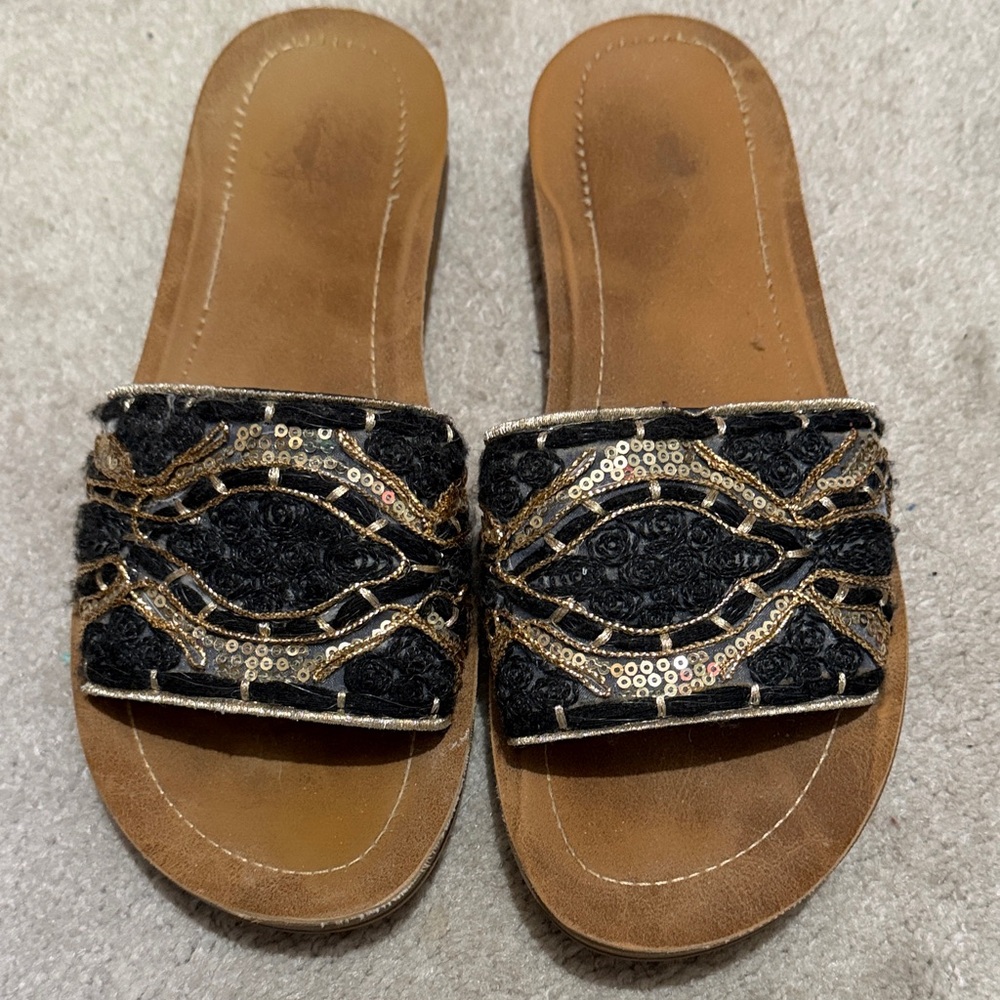 Corkys Black & Gold Beaded Slide Sandals